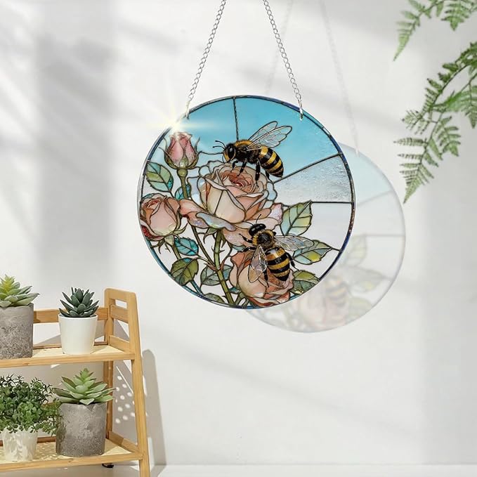 Bees Flowers Acrylic Suncatcher, Acrylic Suncatcher Window Hanging Decor, Bee Sun Catcher, Honeybee Gifts for Garden Lovers, Gifts for Mother's Day, Teacher Gift, Grandma Gift
