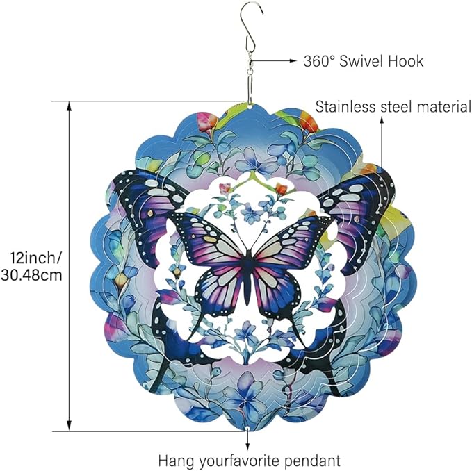 3D Butterfly Wind Spinners, 12 inch Stainless Steel Gradient Color Wind-Spinner, Outdoor Hanging Wind Sculpture for Garden Decor, Butterfly Gift for Women Girl Mother Wife Grandma(12inch)
