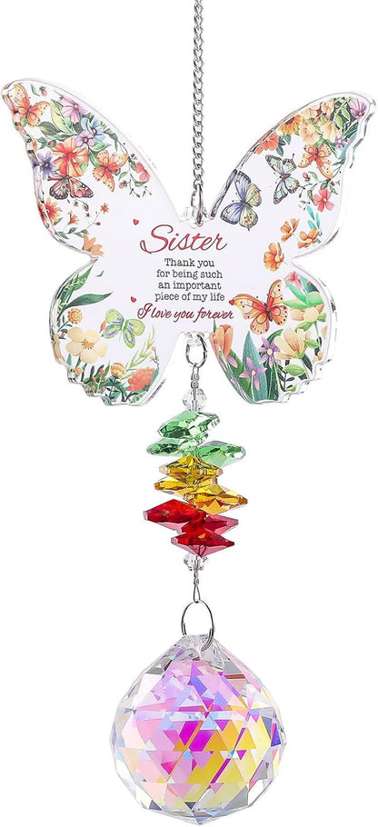 Butterfly Crystal Suncatcher Gifts for Mom, Sister, Birthday, Mothers Day, Thanksgiving, Hanging Ornament, Indoor Outdoor Garden Patio Decor