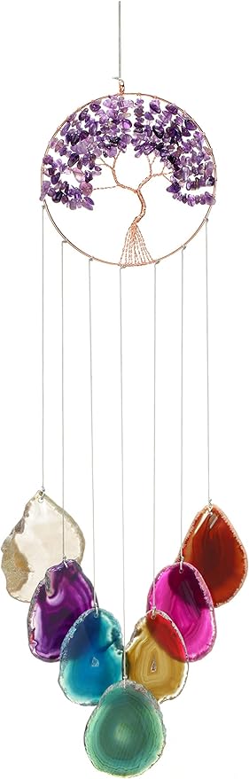 Yoption Amethyst Tree of Life Memorial Wind Chime, Natural Crystal Agate Slices Windchimes for Indoor Outdoor Decoration Ornament, 15.7-17.7 inch