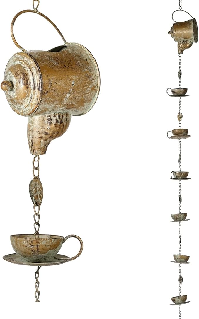 Jemeni Teapot & Teacups Rain Chain, 12 Ft Decorative Downspout Alternative, Rustic Metal Rain Water Feature with Artificially Aged Patina Finish, with Bell & 15 Hanging Cups