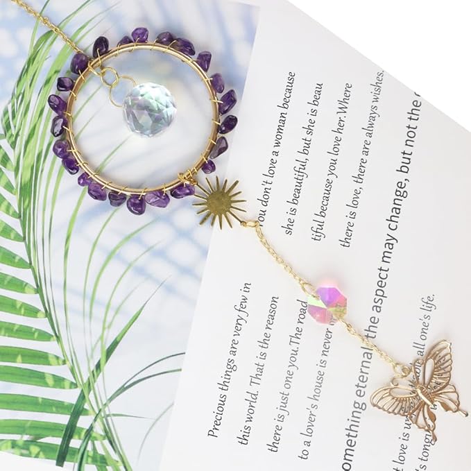 Natural Amethyst Crystal Suncatcher, Sun Catcher Hanging for Car, Butterfly Suncatchers for Windows，Spiritual, Rainbow Maker, Home Decor