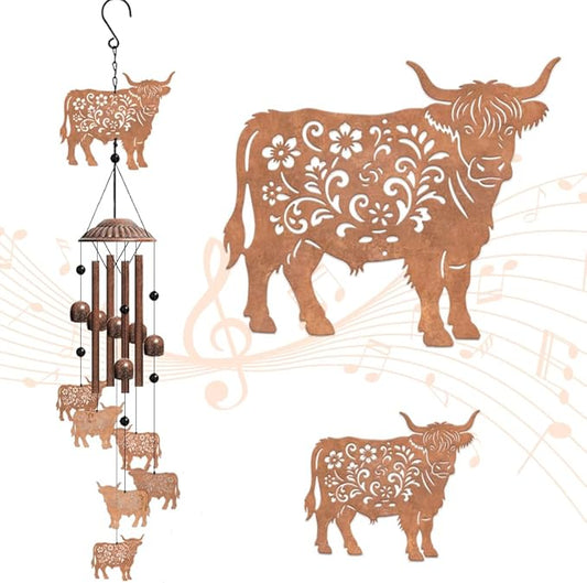 OLYCRAFT Highland Cow Wind Chimes Outdoors Wind Chime Sympathy Memorial Windchime Iron Windchime Memorial Presents Animal Hanging Windbell for Patio Backyard Home Garden Pendant Decoration