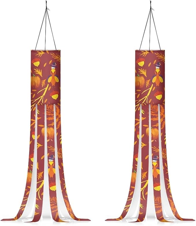 Fall Turkey Pumpkin Maple Leaf Windsock Flag Durable Lightweight Machine Washable Wind Sock with Tails Thanksgiving Patio Lawn Garden Tree Party Decoration