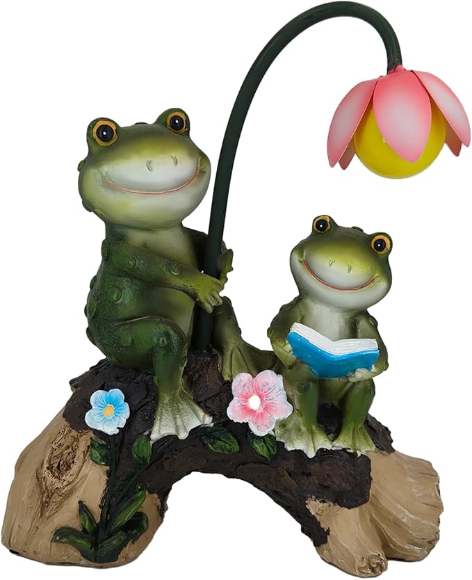 Solar Powered Frog Garden Statue with Flower Lamp, Resin Frog Figurine Set with Reading Frog, Outdoor Decor for Patio, Lawn, Yard, Unique Gift for Frog and Garden Enthusiasts(Green)