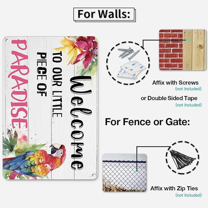 YOYI ART Patio Decor Pool Decorations Outdoor Tiki Bar Signs - Welcome To Our Little Paradise Sign, Beach Metal Tin Sign, Vintage Garden, Patio, Pool, Backyard Decor Wall Art Accessories, 12 x 8 Inch