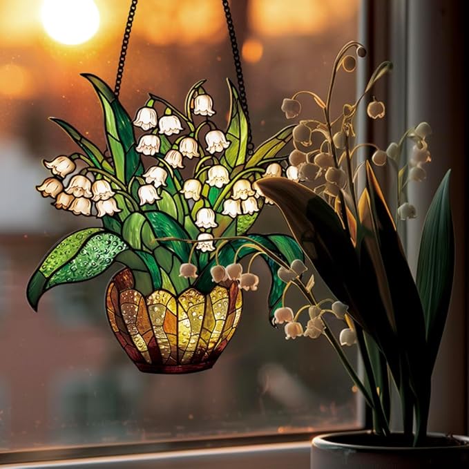Lily of The Valley Acrylic Window Hanging,Colorful Flowerpot Hanging,Stained Acrylic Lily of Valley Sun Catcher for Home Office Wall Window Decor