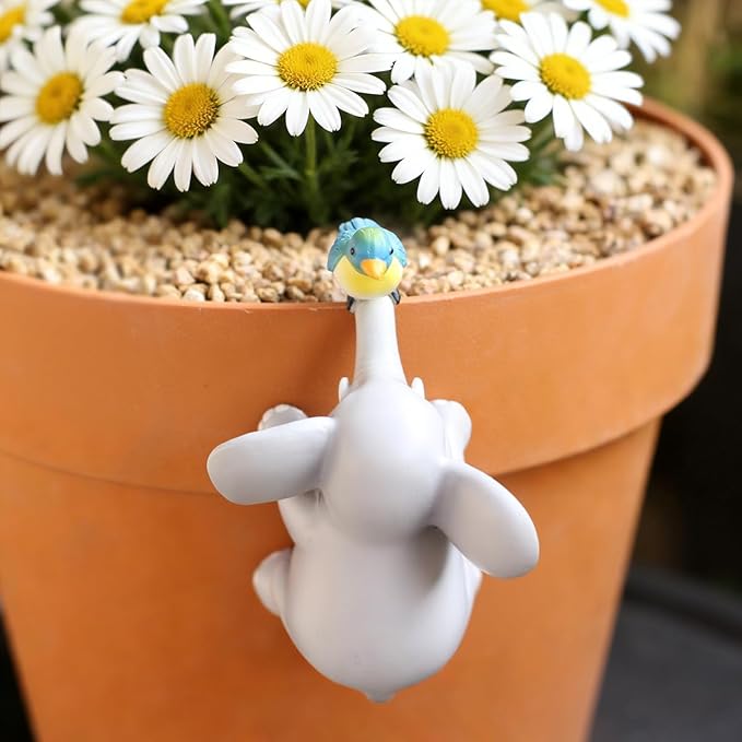 Cute Climbing Elephant with Bird Flower Pot Hugger Figurines Resin Hanging Elephant Statue Planter Pot Decorations for Home Garden Fence Balcony Patio Lawn Yard Ornaments