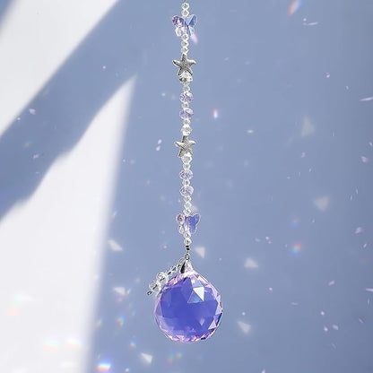 Crystal Suncatcher Hanging Purple Glass Sun Catcher Butterfly Glass Beads 40mm Prism Ball Pendant for Windows, Garden Decor Rainbow Maker Gifts for Christmas