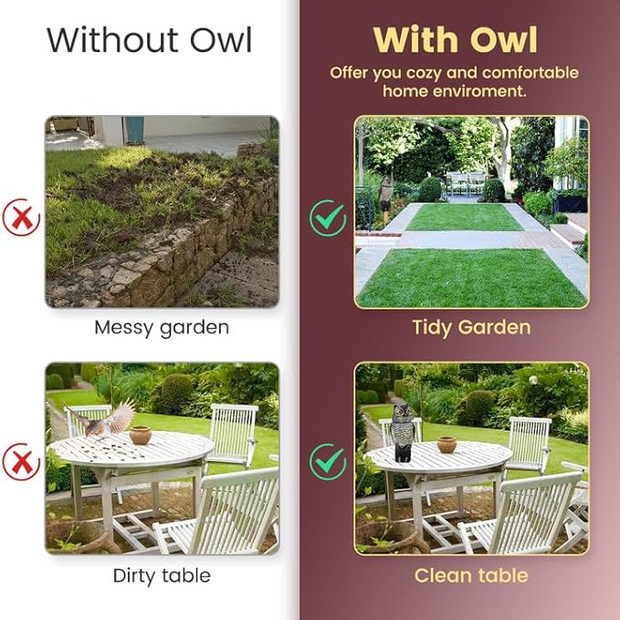 Fake Owl Decoys to Scare Birds Away, Waterproof 360° Rotating Head Hawks & Squirrel Deterrent, Garden Owl Decoy for Outdoor Yard Patio Pools
