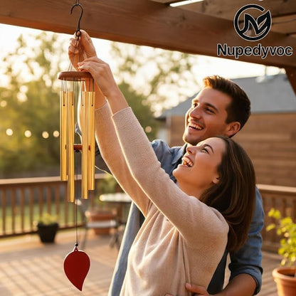 32” Large Golden Aluminum Wind Chimes with Brown Wooden Cap for Outside, Deep Tone Outdoor Garden Patio Weather Resistant Metal Decor, Ideal Gift for Birthday, Mother's Day, Meditation, Relaxation