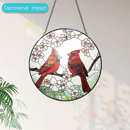 Cardinal Suncatcher Stained Glass Window Hanging - 8” Handmade Red Bird Suncatchers for Windows Hanging - Sun Catchers Indoor Wall Decor Art Glass Panels - Mothers Day Birthday Gifts for Mom Grandma