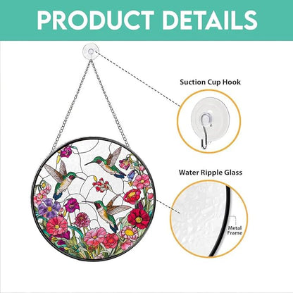 Stained Glass Window Hanging Sun Catcher 7.8 in, Colorful Hummingbird Flowers Glass Panel Suncatcher for Indoor Window Decor, Home Garden Gift for Women, Men, Wife, and Mom