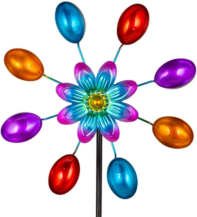 DREAMYSOUL Wind Spinners Outdoor, 10" Dia Colorful Metal Pinwheels for Yard and Garden, Kinetic Wind Sculptures & Spinner Outside (Red Flowers)