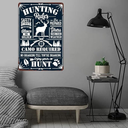 Hunting Rules Metal Tin Sign - Camo Required, Safety First - Deer Hunting Poster Vintage Warning Sign for Farmhouse Outdoor Yard Rustic Wall Decor 12x8 Inch