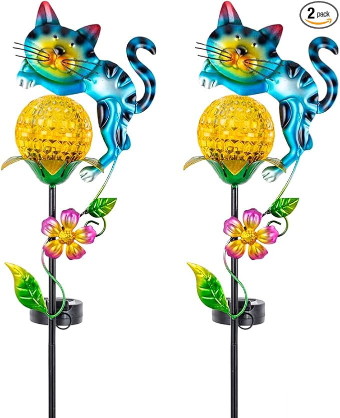 Solar Garden Lights, 2 Pack Cat Solar Lights Outdoor Waterproof Colorful Global Lanscape Lighting, Decorative Metal Yard Art for Pathway, Patio, Lawn