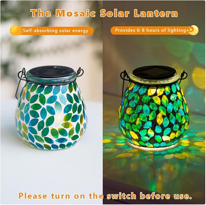 Starsoul 2 Pack Solar Lanterns Outdoor Waterproof, Unique Green Mosaic Glass Solar Garden Lights, Decorative Outdoor Lantern for Outside Patio Pathway Porch Yard Table