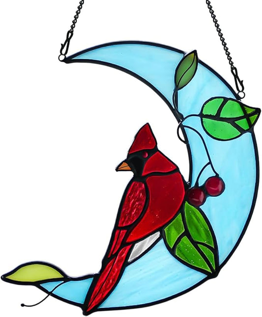 Cardinal Birds Decor Stained Glass Suncatcher,Red Cardinal Memorial Gifts for Mother,Stained Glass Birds Window Hangings Moon Decor,Bird Gifts for Bird Lovers Women Grandma