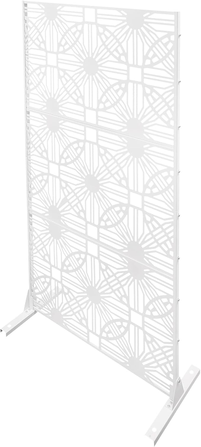 Metal Privacy Screen, 72" H x 36" W Freestanding Privacy Screens, Patio Decorative Metal Fence Panels with Stand, Portable Divider Screens, for Backyard/Patio/Deck (White-Great Unity, 72''H×36''W)