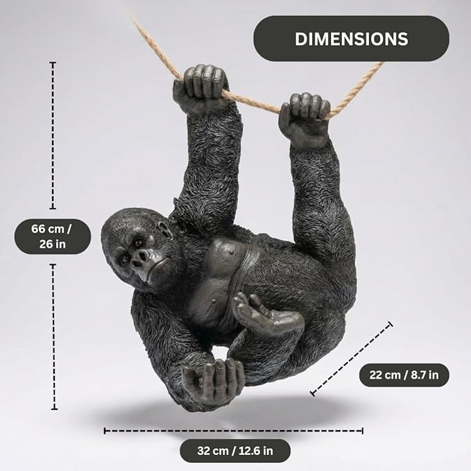 Hanging Gorilla Outdoor Decor, Resin Monkey Statue on Rope for Front Porch Patio Yard Tree Fence, Realistic Animal Garden Ornament for Outside Spaces, 26 in