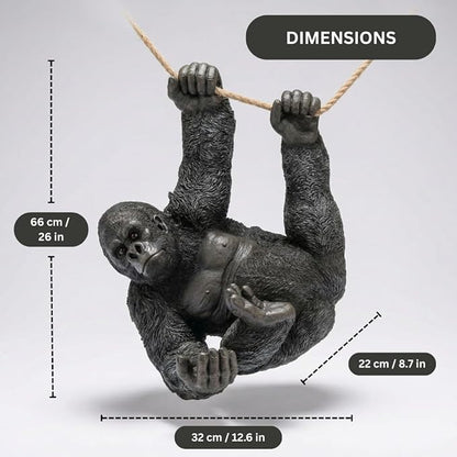 Hanging Gorilla Outdoor Decor, Resin Monkey Statue on Rope for Front Porch Patio Yard Tree Fence, Realistic Animal Garden Ornament for Outside Spaces, 26 in