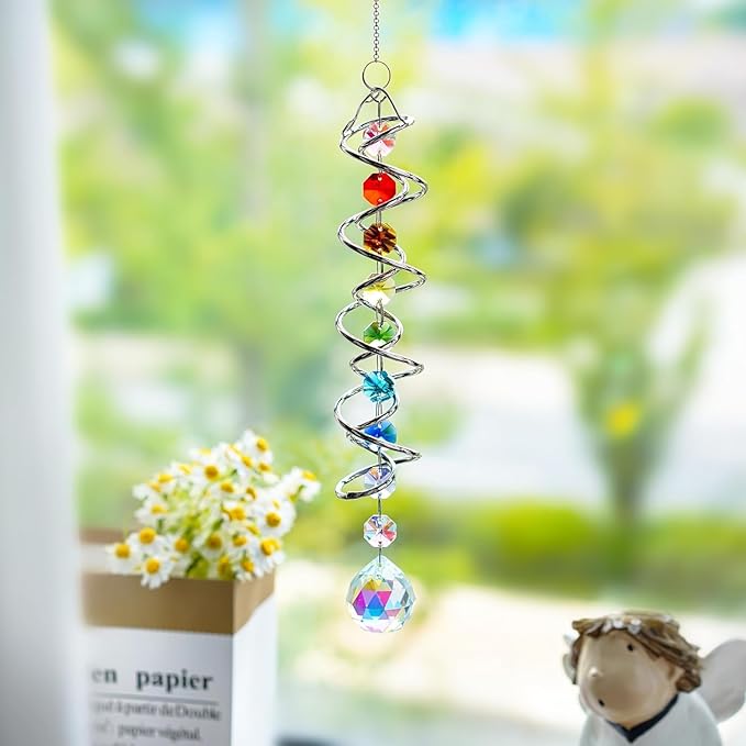 H&D HYALINE & DORA 20.5" Gazing Ball Spiral Tail Decorative Wind Spinners 1.18" Crystal Glass Ball Unique Gift Hanging Decor for Indoor Outdoor Garden Decoration (AB)