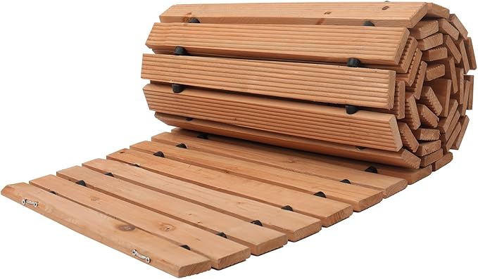 Happybuy Wooden Garden Pathway, 8 ft x 17 in, Non-Slip Curved Walkway. Roll Out Cedar Outdoor Path with Wire Rope Connection. Decorative for Backyard Boardwalk Wedding Party.