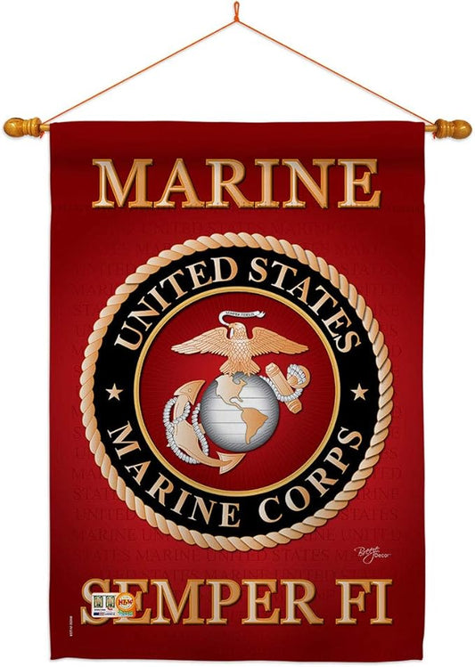 Breeze Decor HS108057-BO-03 Marine Corps Americana Military Decorative Vertical House Flag Set, 28"x 40" w/Flagpole, Multi-Color