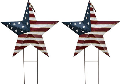 2set Metal Star Barn Yard Sign Garden Stake Decor for 4th of July, American Flag Patriotic Star Yard Stake Lawn Ornament Independence Day Memorial Day Outdoor Decorations (2, 23.8"H A)