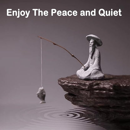 livelyfish Mini Fisherman Statue Asian Zen Decoration Sitting Fishing Figurines Sandstone Vintage Ornament for Aquarium Fish Tank Pot Garden Home Japanese Decor (B2)