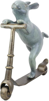 Ebros Gift Large Aluminum Metal Verdigris Whimsical Speedy Bunny Rabbit Riding On Scooter 3D Art Garden Stake Statue 18.25" Long for Outdoors Yard Pool Home Decorative Accent