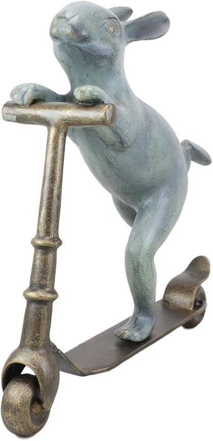 Ebros Gift Large Aluminum Metal Verdigris Whimsical Speedy Bunny Rabbit Riding On Scooter 3D Art Garden Stake Statue 18.25" Long for Outdoors Yard Pool Home Decorative Accent