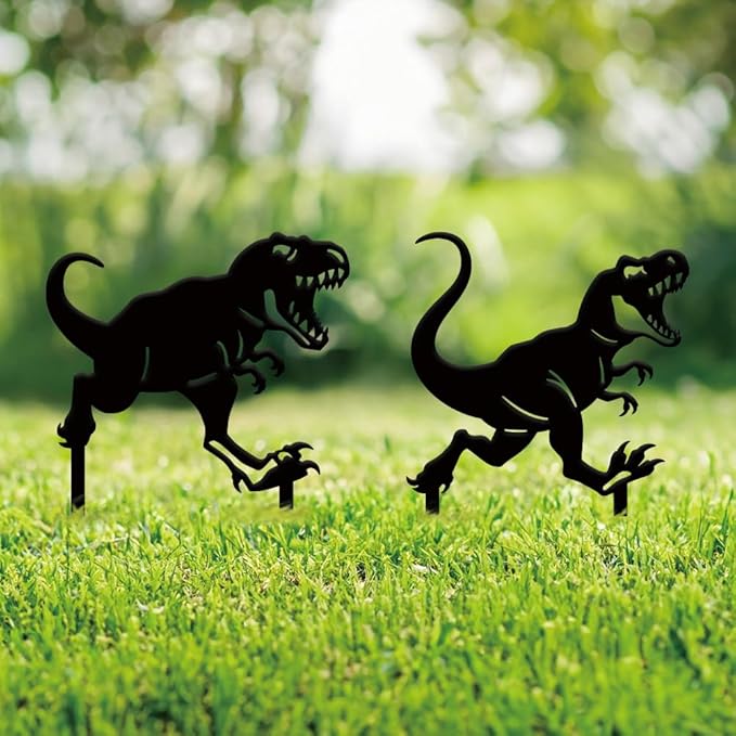 SUPERDANT 2PCS Metal Dinosaur Garden Decor for Outside Tyrannosaurus Rex Yard Stakes for Decorations Outdoor Statues Iron Art Stake Decorative Silhouette Lawn Ornament Patio Porch Farmhouse Decor Gift