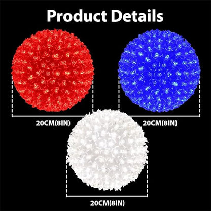 3PK 8In Patriotic Light Ball, 200LED Red White Blue Sphere Lights,Twinkle Hanging Globe Lights for 4th of July, Memorial Day, Independence Day & Veteran Day, Red White Blue Decor for Outdoor Home