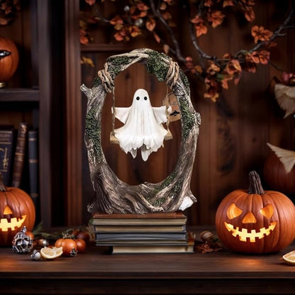 AZYM Ghost Halloween Decor,Ghost on a Tree Swing,Cute Funny Swinging Ghost Halloween Figurine Decoration,for Indoor Desktop Bookshelf Outdoor Garden Patio Lawn Decor
