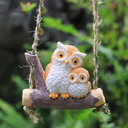 Swing Animals Garden Statue Outdoor Decor, Resin Hanging Animals Figurine Tree Ornaments Yard Art Sculpture for Stump Branch Patio Lawn Decorations (Mom & Baby Owl)