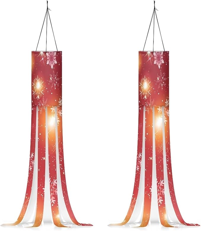 Christmas Snowflake Light Print Windsock Outdoor Hanging Lightweight Durable Machine Washable Wind Sock with Tails Home Garden Balcony Red Christmas Decoration