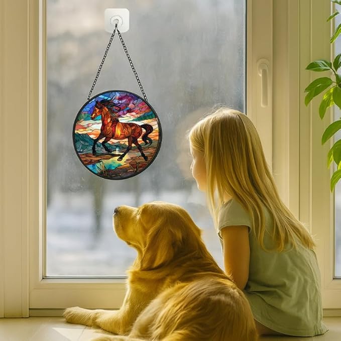 Stained Glass Window Hanging Running Horse， 7.8in Sun Catchers Panel for Indoor Decorative Display for Mom， Wife， Lovers， Festive
