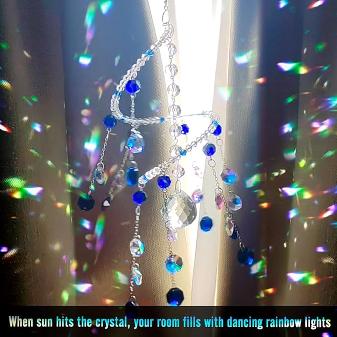Geili Crystal Suncatchers for Windows Hanging,Spiral Crystal Sun Catchers Indoor Window,Boho Hanging Crystals for Decoration,Healing Wind Chimes Suncatcher Rainbow Maker for Outsid(Blue)
