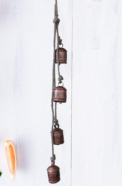 Mango Gifts Vintage Bells Hanging Chimes with Jute Rope, Bohemian Style Decor Tranquil Wind Chimes for Garden Outdoor and Patio Decoration, Antique Copper Finish (MGT27)