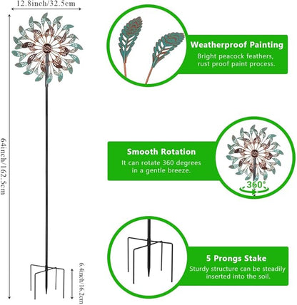 DREAMSOUL 13" Dia Vintage Wind Spinners Outdoor 360° Rotation Wind Spinner with 5 Prongs Stake, Metal Kinetic Windmill for Yard Garden Decor