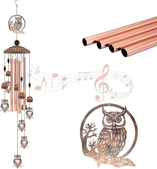 35 Inch Owl Wind Chimes for Outside - Rustic Copper Metal Silhouette Decor with 6 Handcrafted Pendants - Wisdom & Guardian Memorial Windchime - Unique Gift for Owl Lovers, Garden & Patio