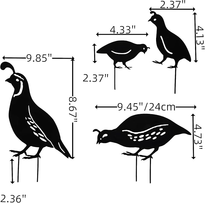 Quail Decorative Garden Stakes Metal Quail Statue Bird Yard Art Silhouette Quail Yard Art for Lawn Patios Outdoor Decoration, Set of 4