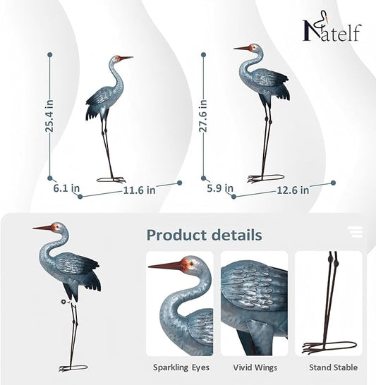 Natelf Metal Cranes Sculptures Outdoor Blue Heron Garden Statue Bird Yard Art Large Decorations for Lawn Patio Backyard Decoration