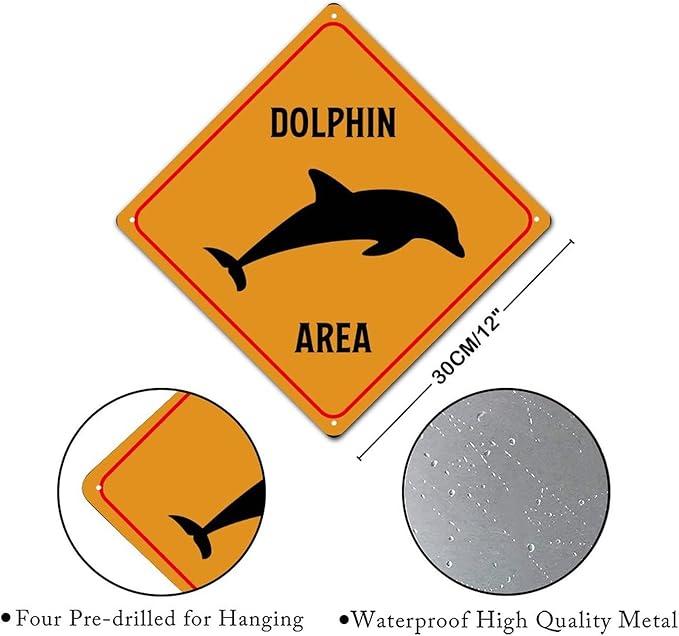 Caution Dolphin Crossing XING Tin Sign Dolphin Area Warning Street Sign Ocean Animal Novelty Caution Road Sign for Man Cave Yard Garage Porch 12x12in