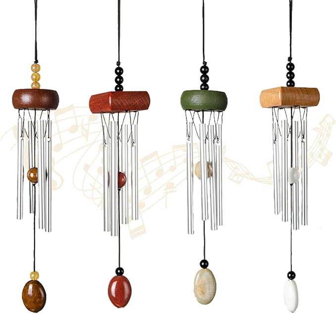 i-lan　4 Pack Small Silver Wind Chime with Ceramic Blank Drops, Metal Garden Wind Chimes with Different Len Bell Tubes, Soothing Harmony Sound Mini Outdoor Windcatcher Porches Décor