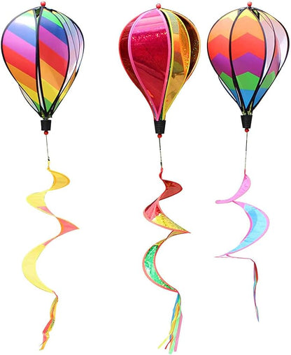 Hot Air Balloon Windmill Spinner Rainbow Windsock Includes Curlie Tail and Colorful Kinetic Hanging Decoration for Garden Yard Outdoor Decor Toy - 3Pack