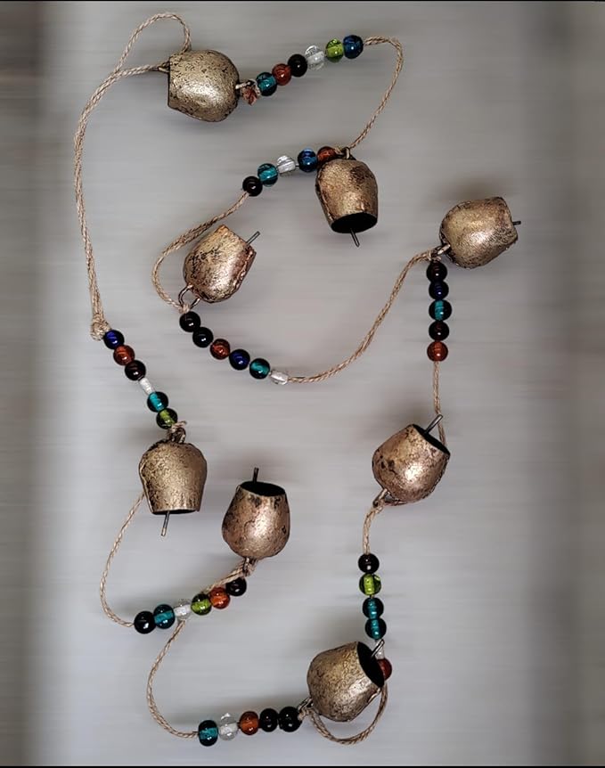 Vintage Rustic Metal Dome Bells Garland with Multicolor Glass Beads – Handcrafted Hanging Decor for Indoor Outdoor Garden, Patio, Farmhouse & Boho Style (8 Bells)