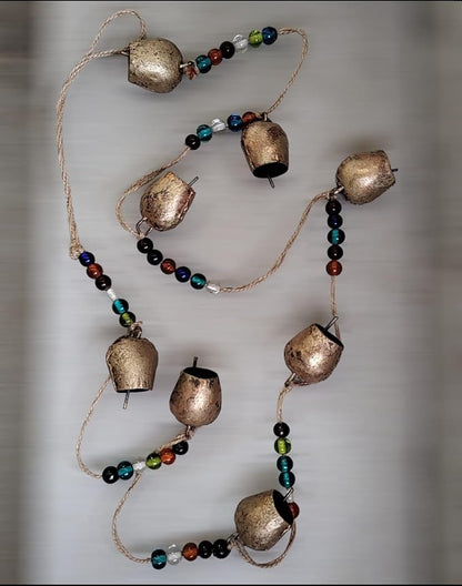 Vintage Rustic Metal Dome Bells Garland with Multicolor Glass Beads – Handcrafted Hanging Decor for Indoor Outdoor Garden, Patio, Farmhouse & Boho Style (8 Bells)