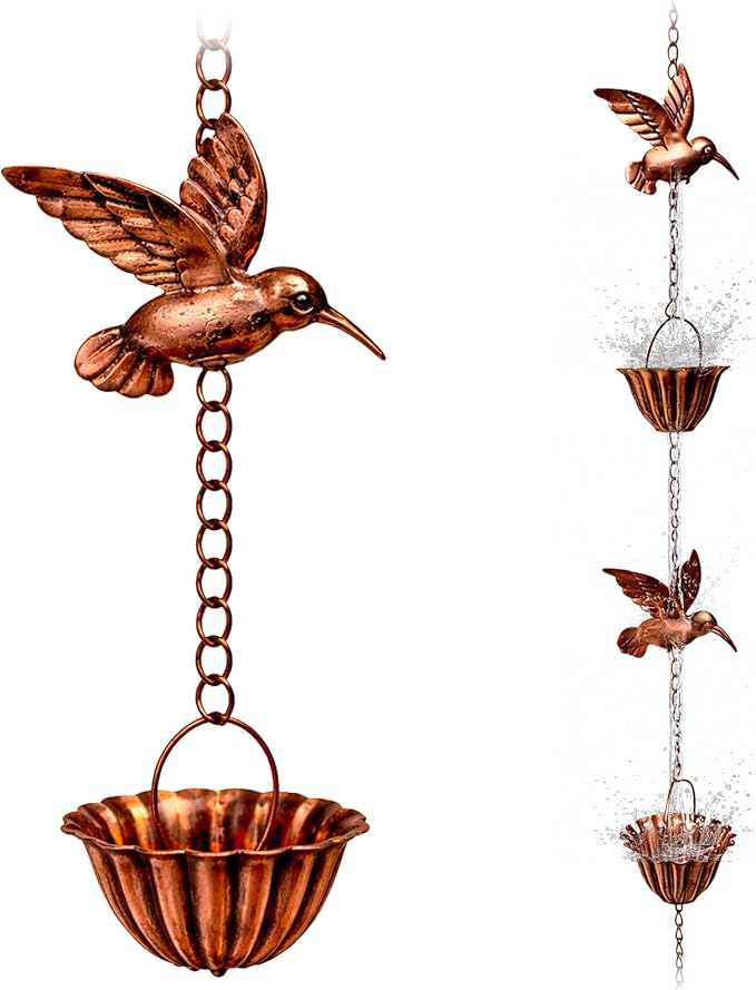 7.9FT Rain Chain for Gutters, Rain Chains with 7 Cups & 8 Decorative Bird Accent, Adjustable Rain Catcher Chain for Eaves Drainage, Functional & Decorative Replacement for Gutter Downspout